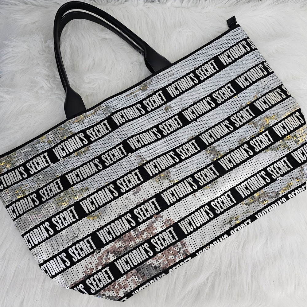 Victoria's Secret Sequin Stripe Tote Bag‎ Black White Large Zip Beach Travel Bag